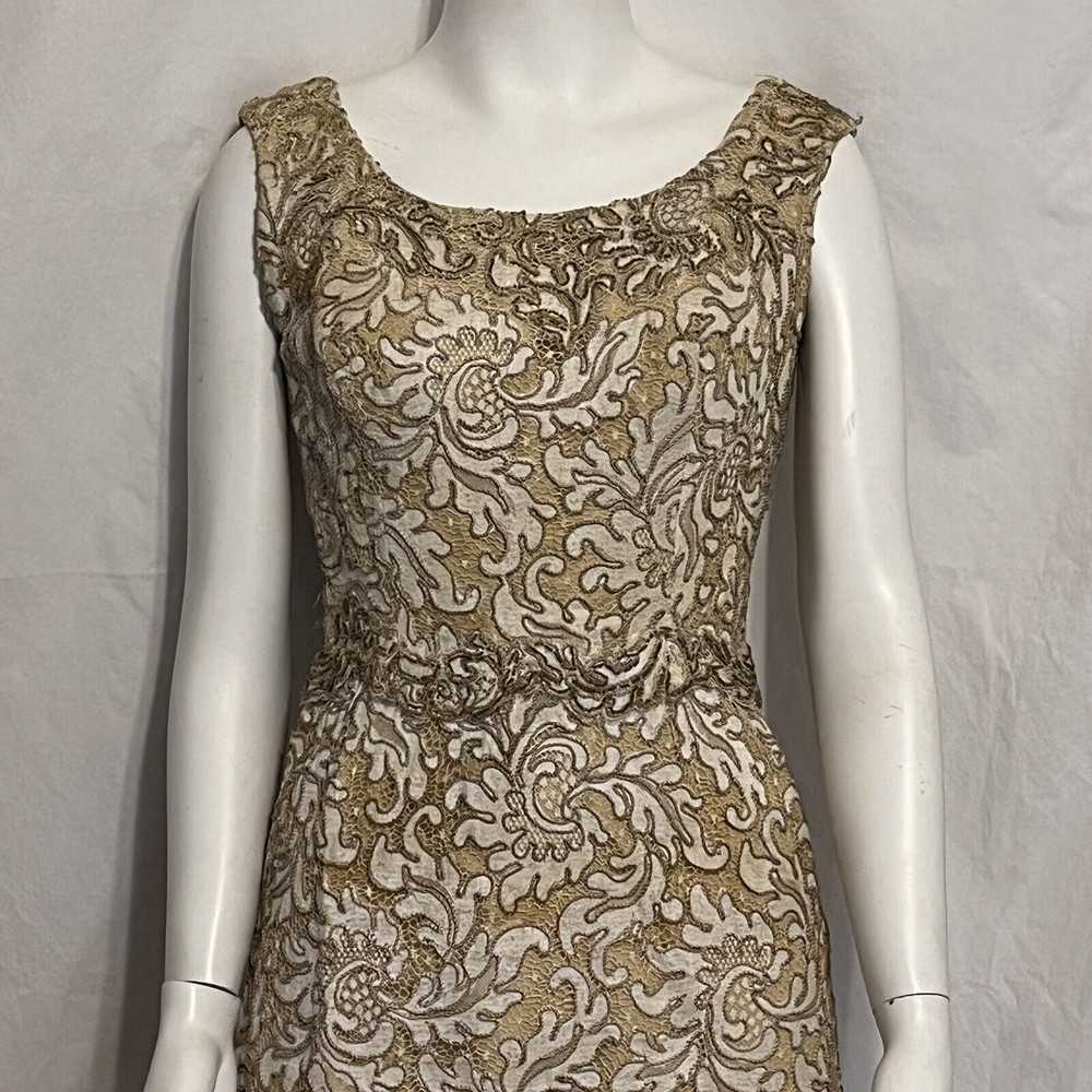 Vtg 50s60s Pin Up Dress Gold Lace Cocktail Party Lined Size XS 2/4/6